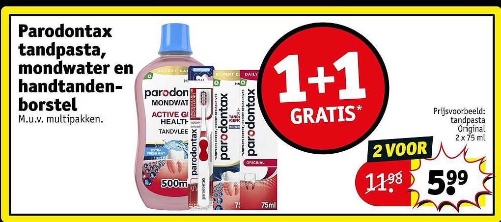 Parodontax tandpasta, mondwater en handtandenborstel 1+1 gratis