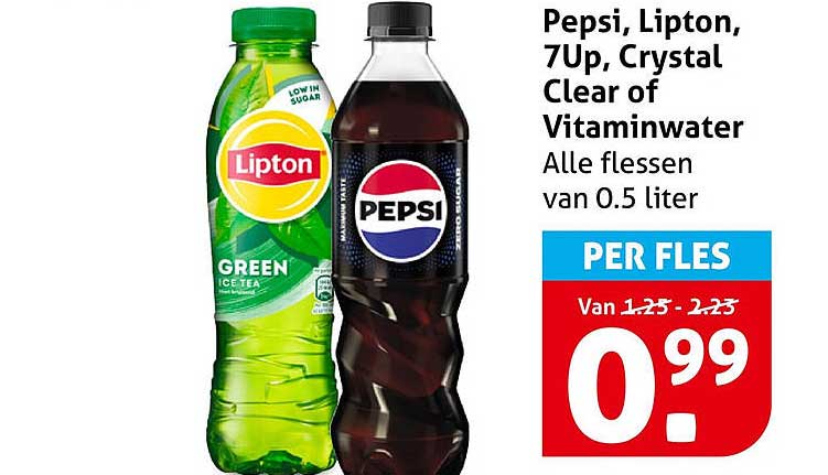 Pepsi, Lipton, 7Up, Crystal Clear of Vitaminwater Alle flessen van 0.5 liter PER FLES
