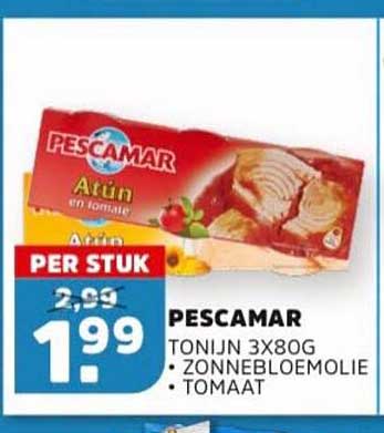PESCAMAR TONIJN 3X80G ZONNEBLOEMOLIE TOMAAT PER STUK