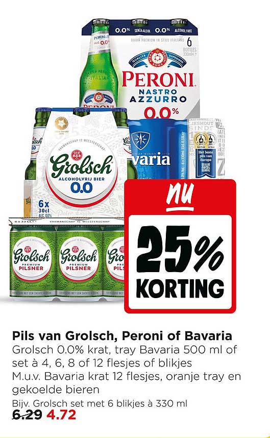 Pils van Grolsch, Peroni of Bavaria 25% korting