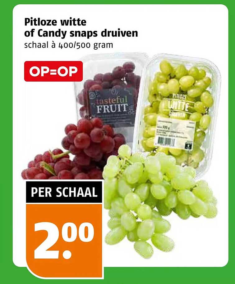 Pitloze witte of Candy snaps druiven schaal à 400/500 gram OP=OP PER SCHAAL