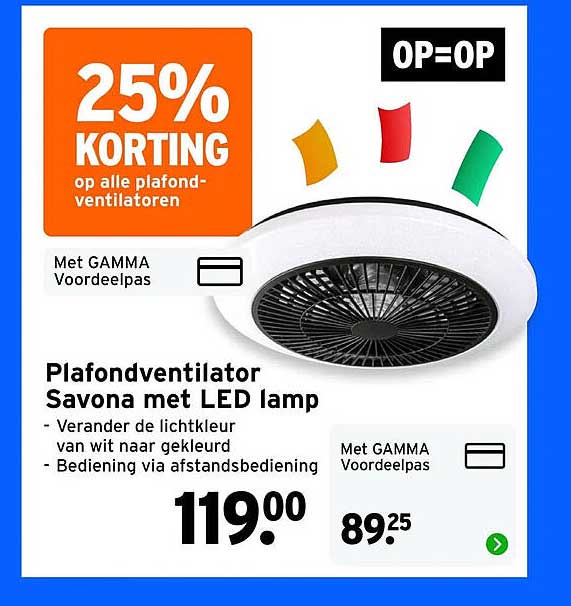 Plafondventilator Savona met LED lamp 25% KORTING op alle plafond-ventilatoren