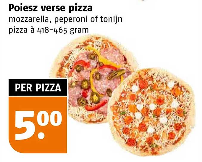 Poiesz verse pizza mozzarella, peperoni of tonijn pizza à 418-465 gram