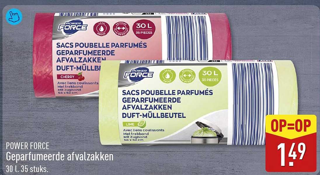 POWER FORCE Geparfumeerde afvalzakken 30 L. 35 stuks. OP=OP