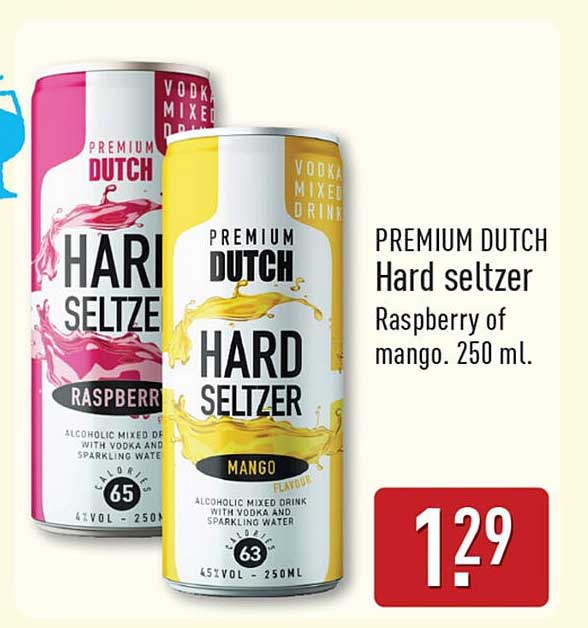 Premium Dutch Hard seltzer Raspberry of mango. 250 ml.