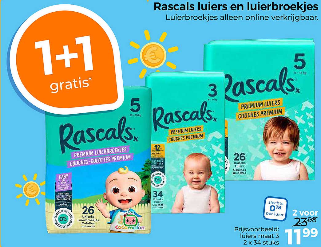 Rascals luiers en luierbroekjes | Luierbroekjes alleen online verkrijgbaar. 1+1 gratis*