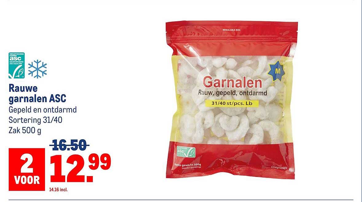 Rauwe garnalen ASC Gepeld en ontdarmd Sortering 31/40 Zak 500 g 2 voor