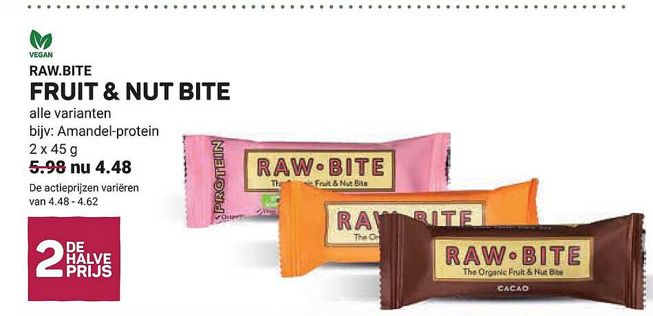 RAW.BITE FRUIT & NUT BITE alle varianten bijv.: Amandel-protein 2 x 45 g 2e halve prijs
