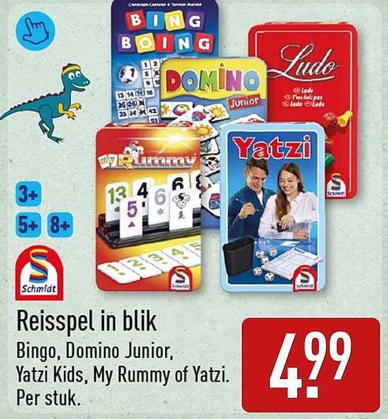 Reisspel in blik Bingo, Domino Junior, Yatzi Kids, My Rummy of Yatzi. Per stuk.