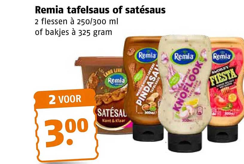 Remia tafelsaus of satésaus 2 flessen à 250/300 ml of bakjes à 325 gram