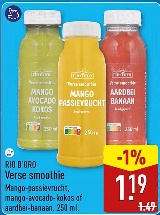 RIO D'ORO Verse smoothie Mango-passievrucht, mango-avocado-kokos of aardbei-banaan. 250 ml. -1%
