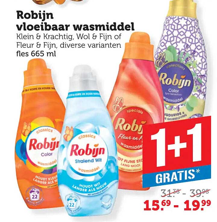 Robijn vloeibaar wasmiddel 1+1 GRATIS*