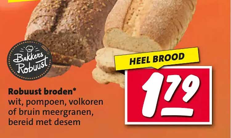 Robuust broden* wit, pompoen, volkoren of bruin meergranen, bereid met desem HEEL BROOD