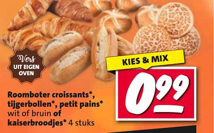 Roomboter croissants*, tijgerbollen*, petit pains* wit of bruin of kaiserbroodjes* 4 stuks KIES & MIX