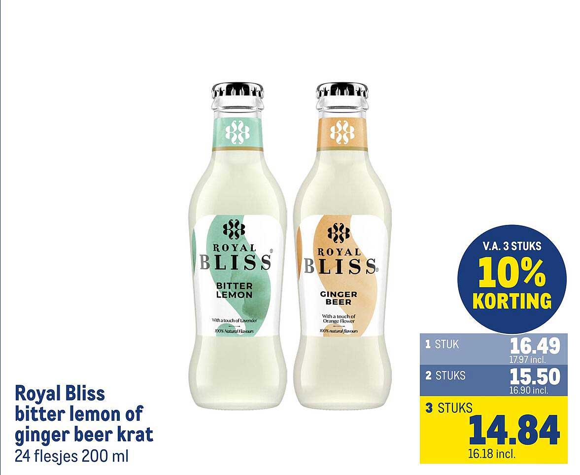 Royal Bliss bitter lemon of ginger beer krat 24 flesjes 200 ml
