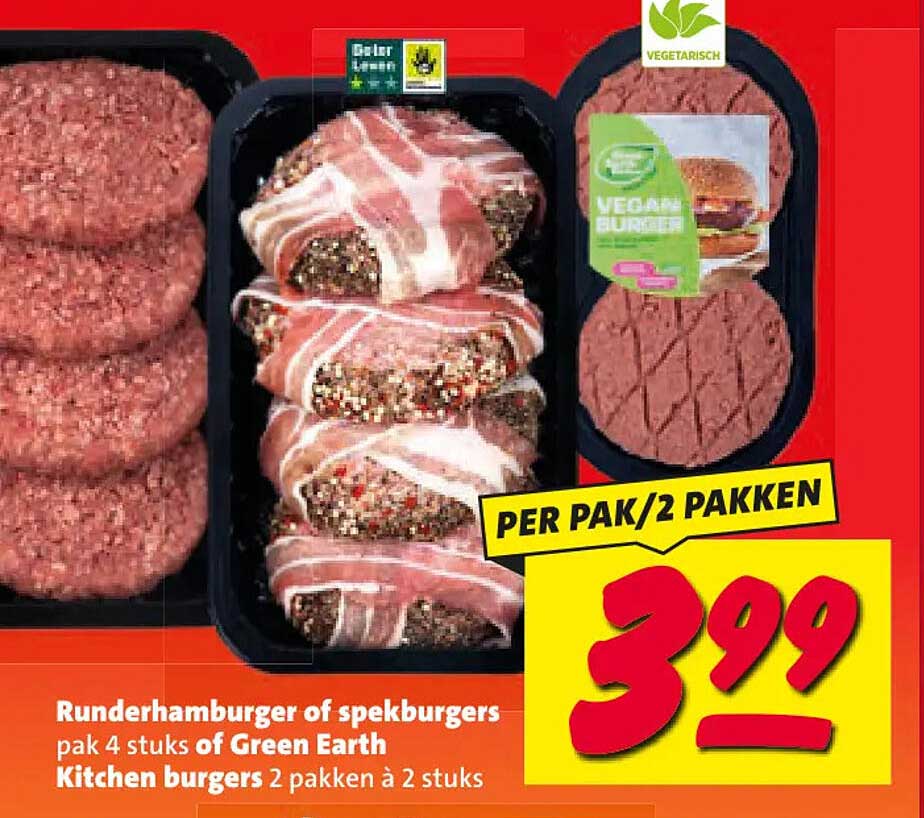 Runderhamburger of spekburgers pak 4 stuks of Green Earth Kitchen burgers 2 pakken à 2 stuks PER PAK/2 PAKKEN
