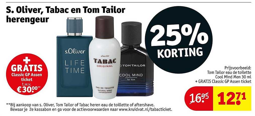 S. Oliver, Tabac en Tom Tailor herengeur 25% KORTING