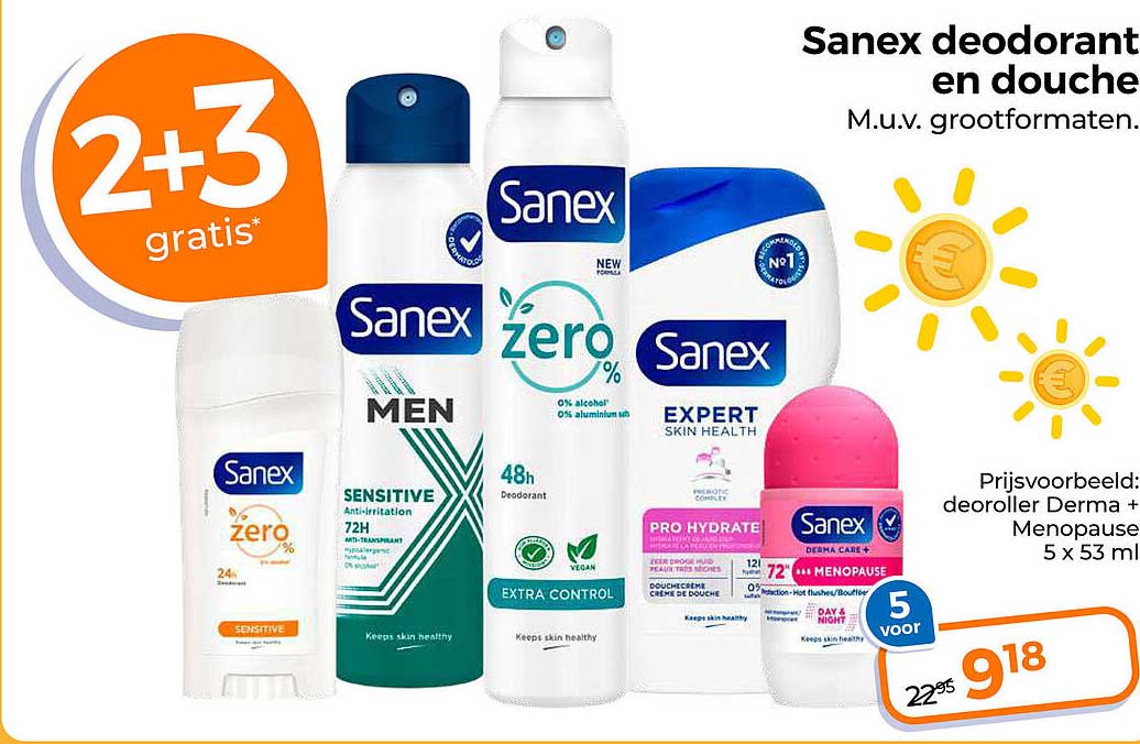 Sanex deodorant en douche M.u.v. grootformaten. 2+3 gratis*