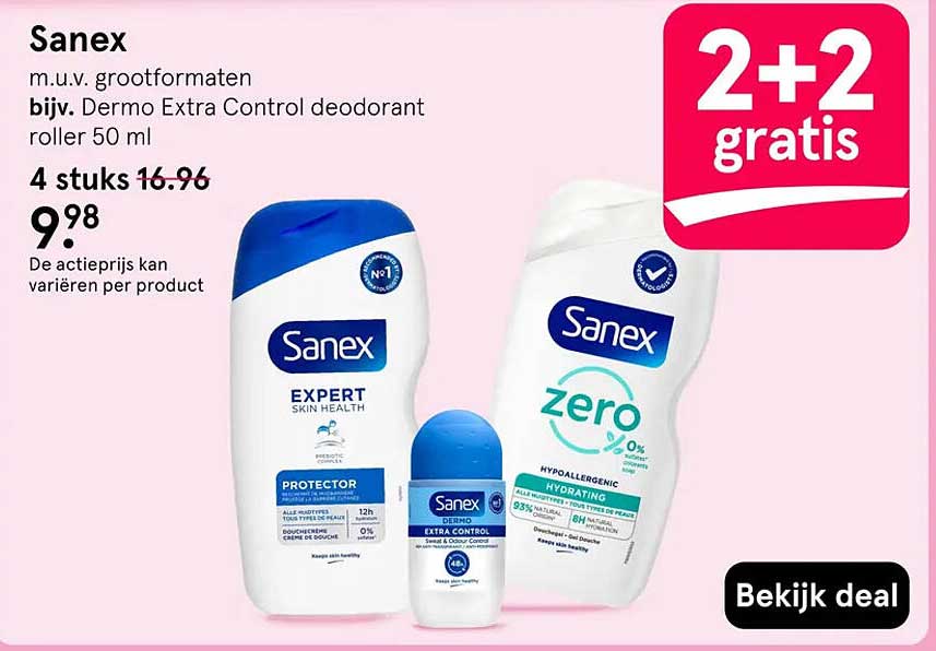 Sanex m.u.v. grootformaten bijv. Dermo Extra Control deodorant roller 50 ml 2+2 gratis
