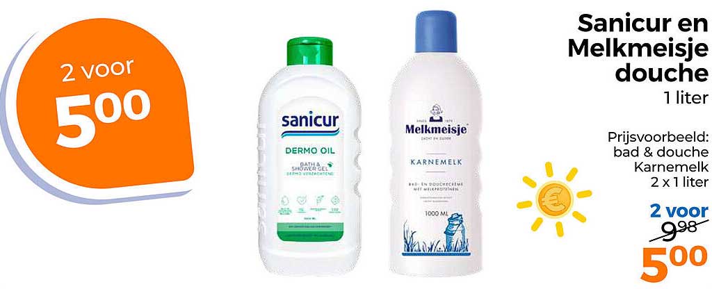 Sanicur en Melkmeisje douche 1 liter 2 voor 500