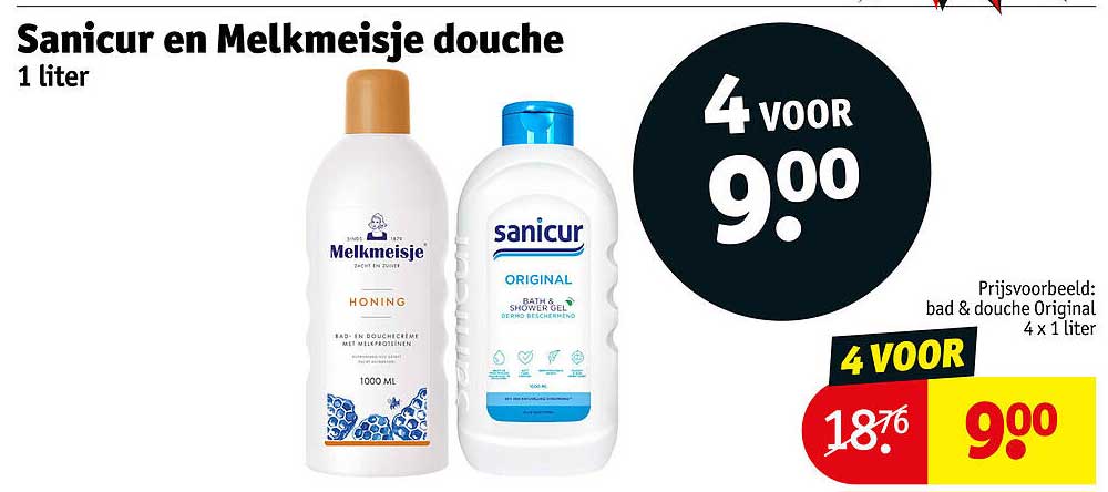 Sanicur en Melkmeisje douche 1 liter 4 voor 9.00