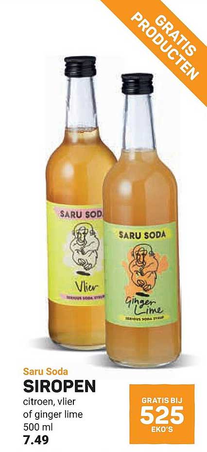 Saru Soda siropen citroen, vlier of ginger lime 500 ml GRATIS BIJ 525 EKO'S