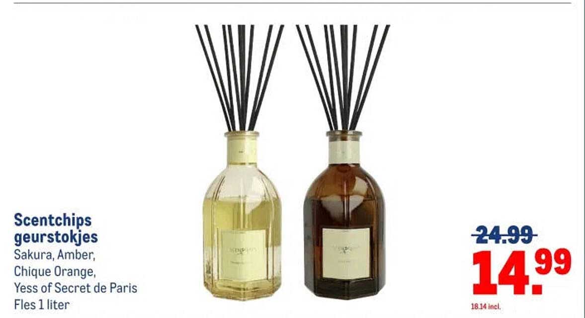 Scentchips geurstokjes Sakura, Amber, Chique Orange, Yess of Secret de Paris Fles 1 liter