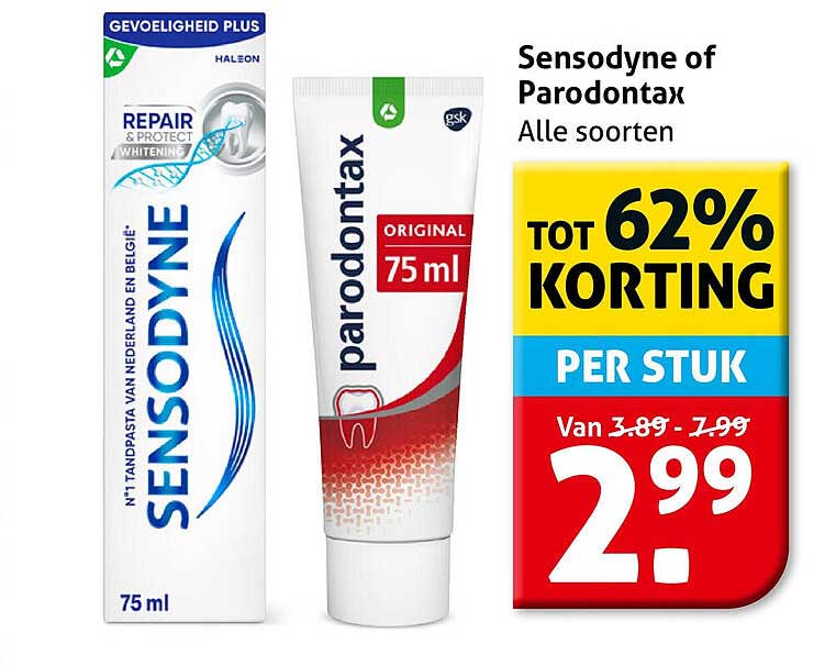 Sensodyne of Parodontax Alle soorten TOT 62% KORTING PER STUK
