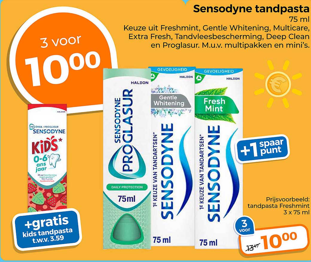 Sensodyne tandpasta 75 ml 3 voor 10.00 +gratis kids tandpasta t.w.v. 3.59 +1 spaar punt