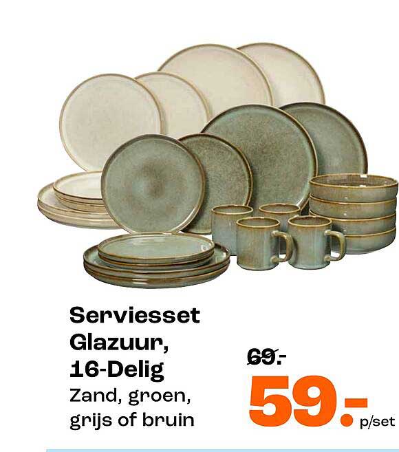 Serviesset Glazuur, 16-Delig Zand, groen, grijs of bruin