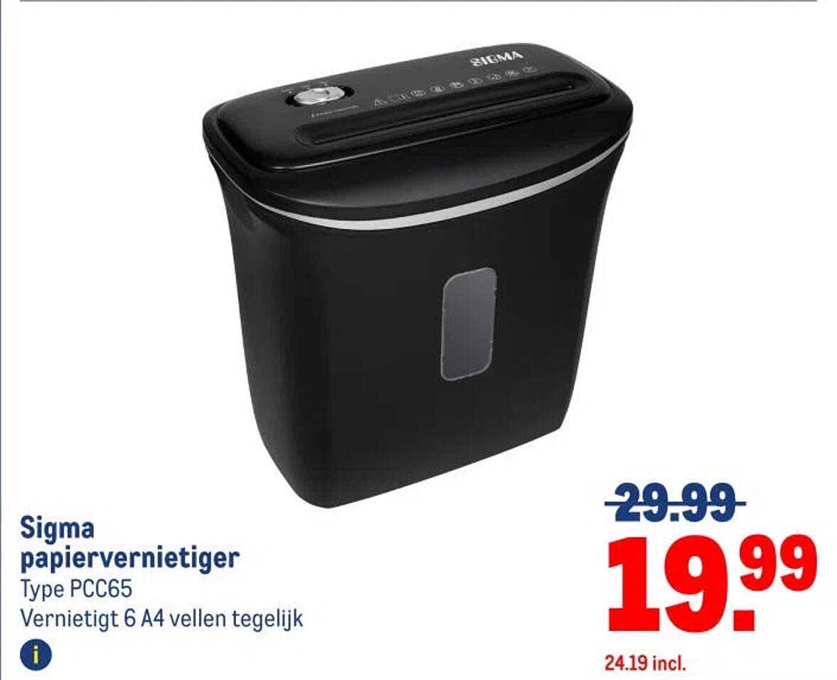 Sigma papiervernietiger Type PCC65 Vernietigt 6 A4 vellen tegelijk