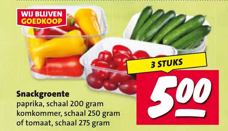Snackgroente paprika, schaal 200 gram komkommer, schaal 250 gram of tomaat, schaal 275 gram 3 STUKS