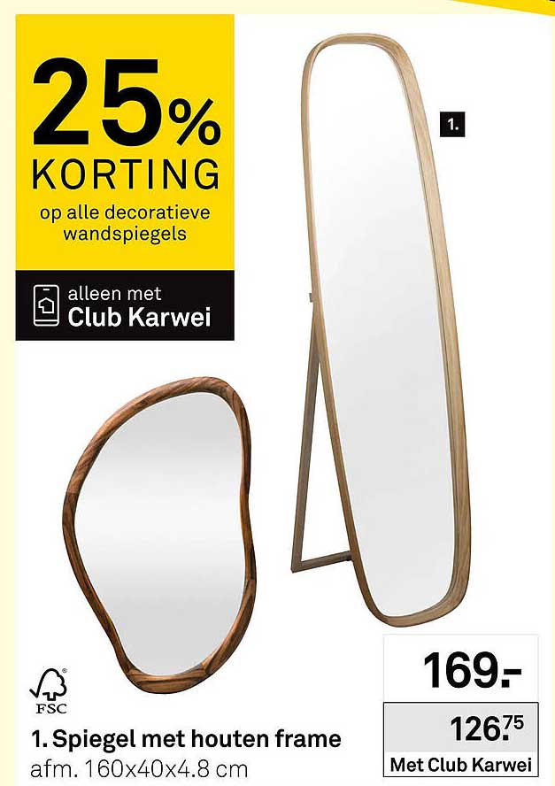 Spiegel met houten frame 25% korting op alle decoratieve wandspiegels