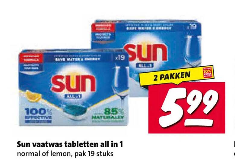 Sun vaatwas tabletten all in 1 normal of lemon, pak 19 stuks 2 pakken