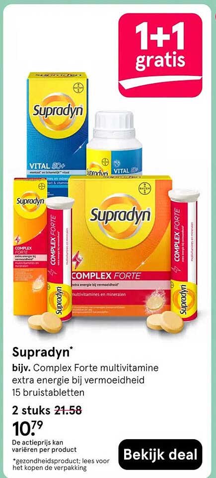 Supradyn* bijv. Complex Forte multivitamine extra energie bij vermoeidheid 15 bruistabletten 1+1 gratis