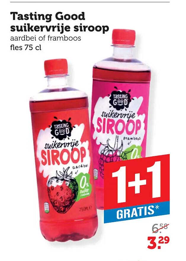 Tasting Good suikervrije siroop aardbei of framboos fles 75 cl 1+1 gratis