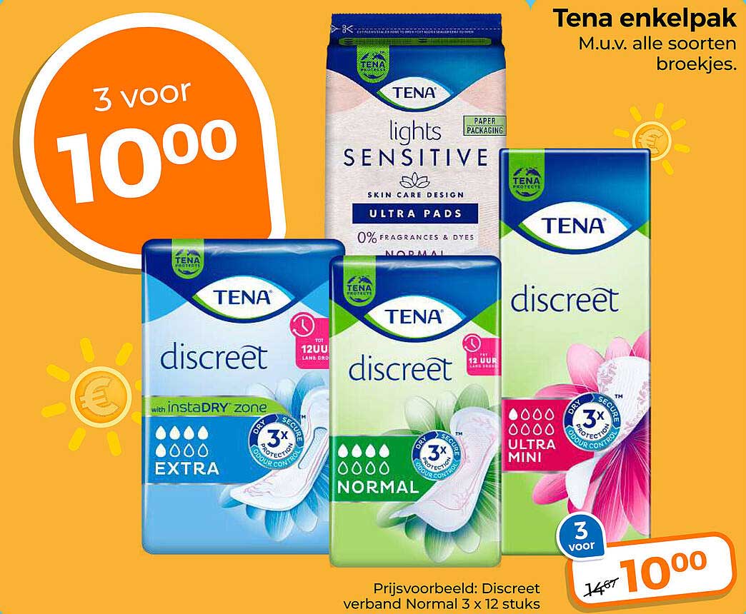 Tena enkelpak M.u.v. alle soorten broekjes. 3 voor 10,00