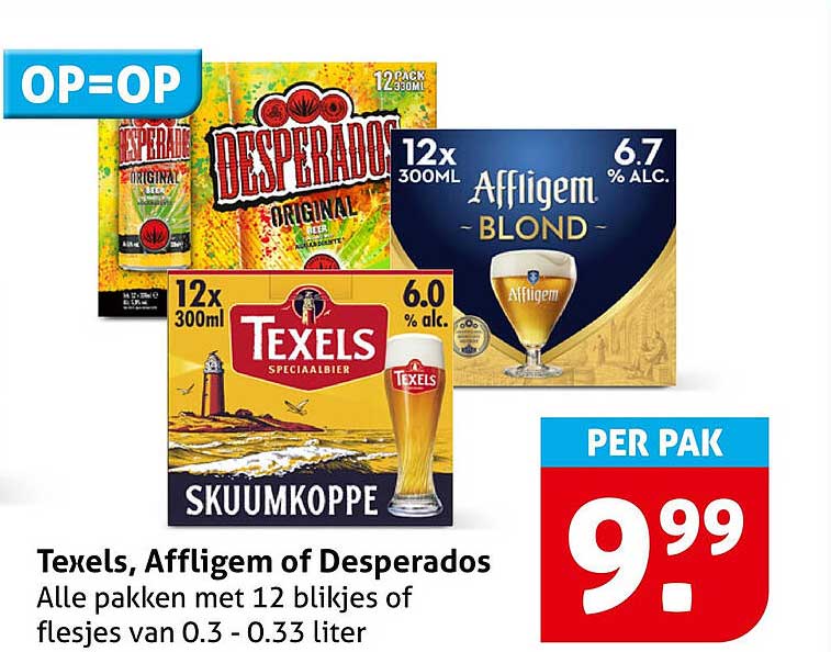 Texels, Affligem of Desperados Alle pakken met 12 blikjes of flesjes van 0.3 - 0.33 liter OP=OP
