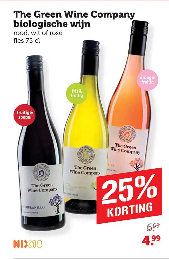 The Green Wine Company biologische wijn rood, wit of rosé fles 75 cl 25% KORTING