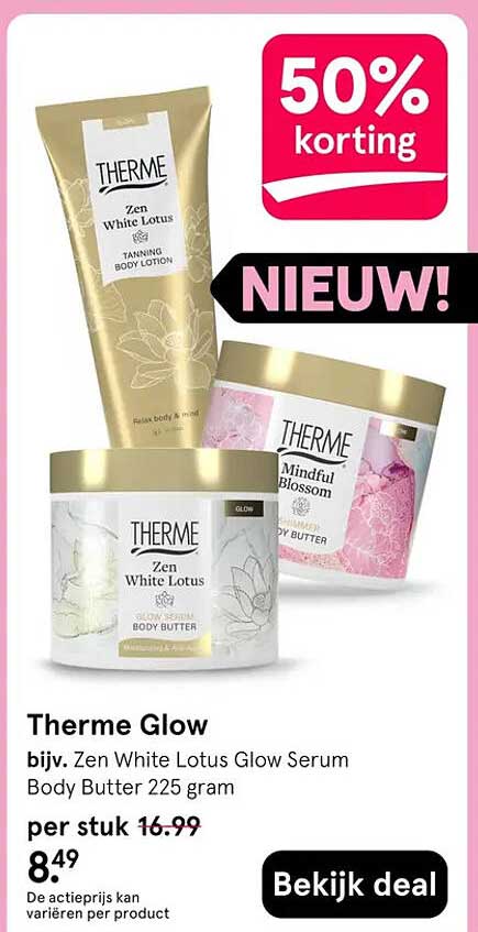 Therme Glow bijv. Zen White Lotus Glow Serum Body Butter 225 gram 50% korting