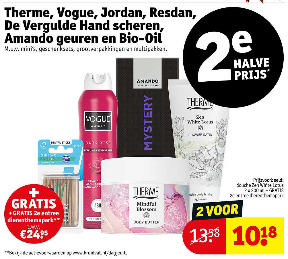 Therme, Vogue, Jordan, Resdan, De Vergulde Hand scheren, Amando geuren en Bio-Oil 2e halve prijs