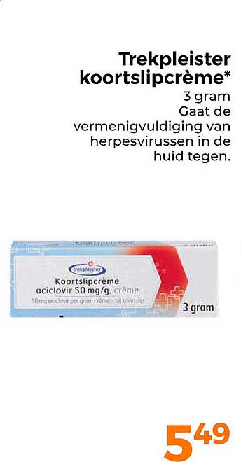 Trekpleister koortslipcrème* 3 gram Gaat de vermenigvuldiging van herpesvirussen in de huid tegen.