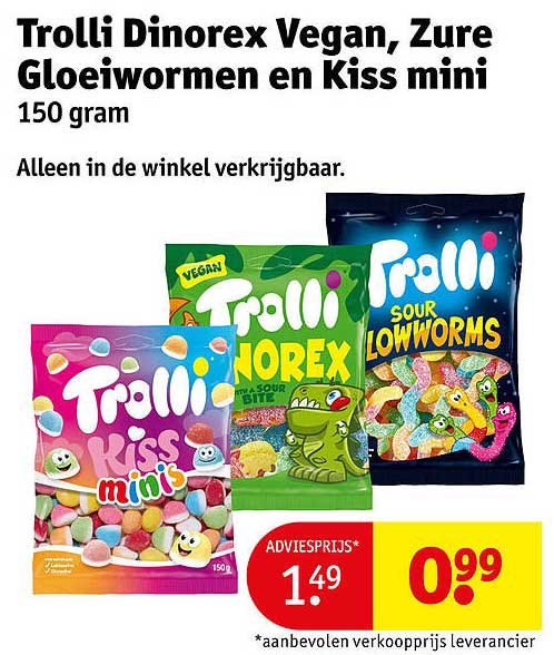 Trolli Dinorex Vegan, Zure Gloeiwormen en Kiss mini 150 gram