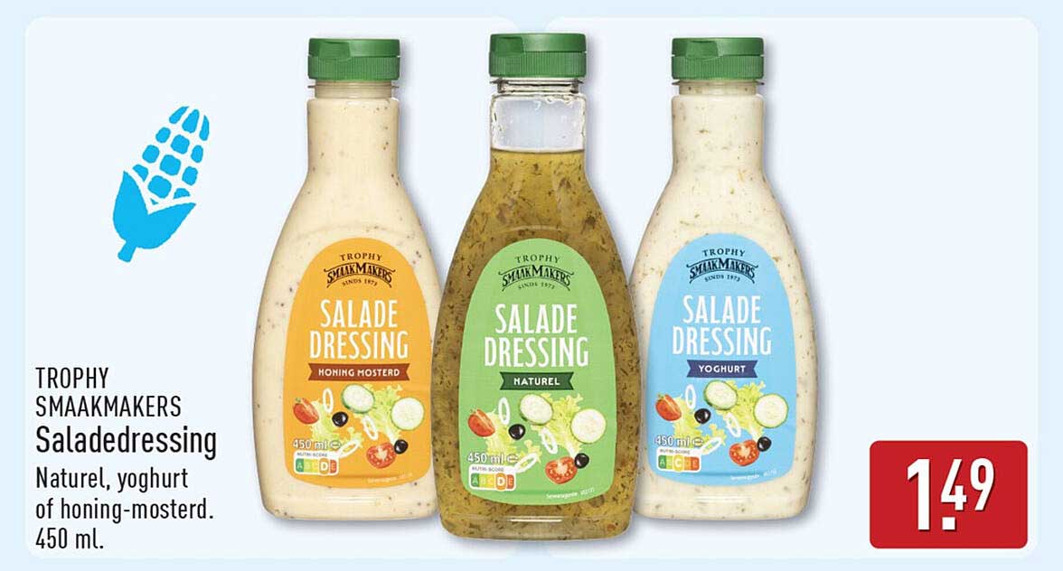 TROPHY SMAAKMAKERS Saladedressing Naturel, yoghurt of honing-mosterd. 450 ml.