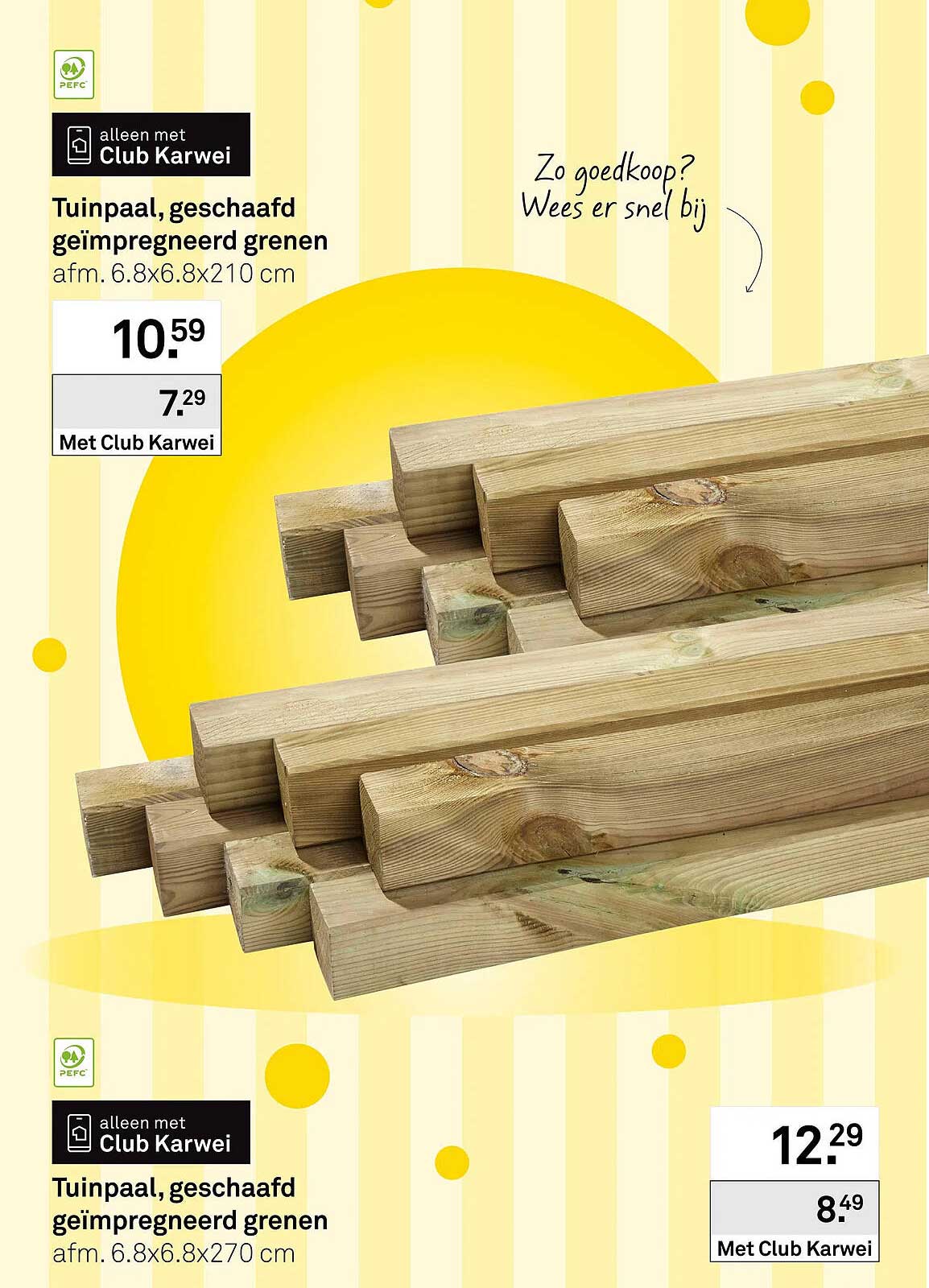 Tuinpaal, geschaafd geïmpregneerd grenen afm. 6.8x6.8x210 cm