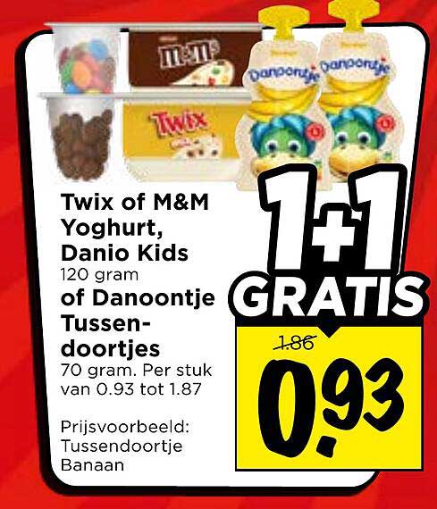 Twix of M&M Yoghurt, Danio Kids 120 gram of Danoontje Tussen-doortjes 70 gram. Per stuk van 0.93 tot 1.87 1+1 GRATIS