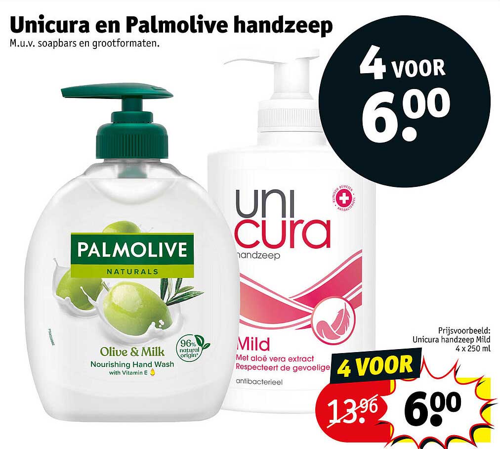 Unicura en Palmolive handzeep 4 voor 6.
