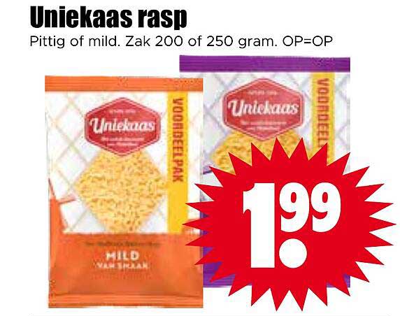 Uniekaas rasp Pittig of mild. Zak 200 of 250 gram. OP=OP