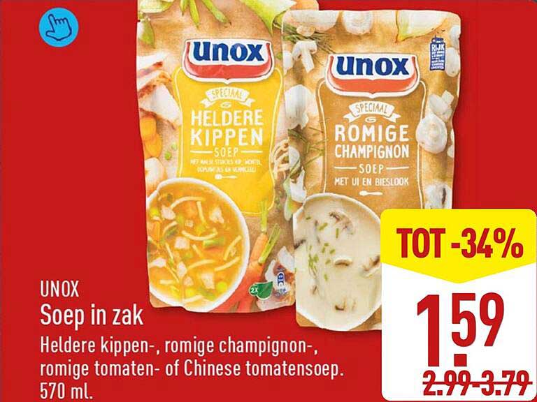 UNOX Soep in zak Heldere kippen-, romige champignon-, romige tomaten- of Chinese tomatensoep. 570 ml. TOT -34%