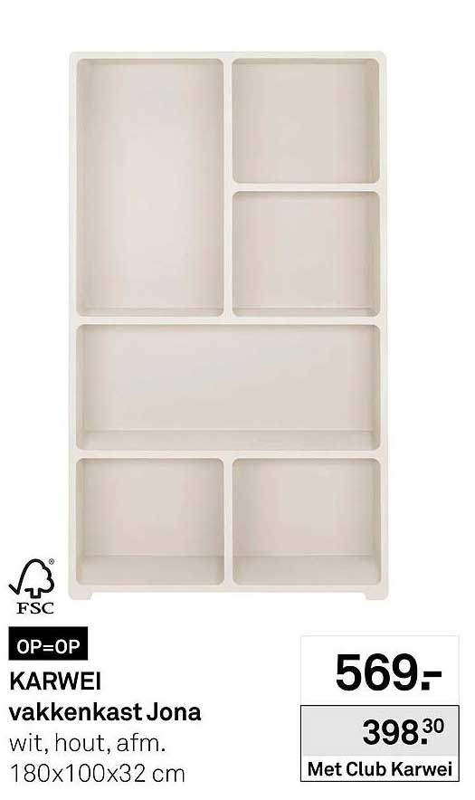 vakkenkast Jona wit, hout, afm. 180x100x32 cm OP=OP